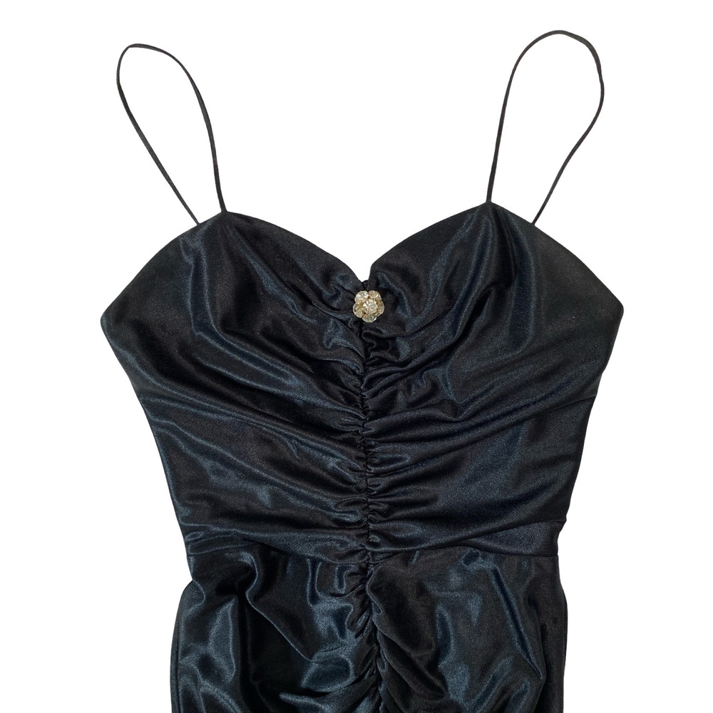 Fredericks of Hollywood Vintage Black Ruched Maxi Dress Rhinestone Brooch XS-S - Picture 8 of 15
